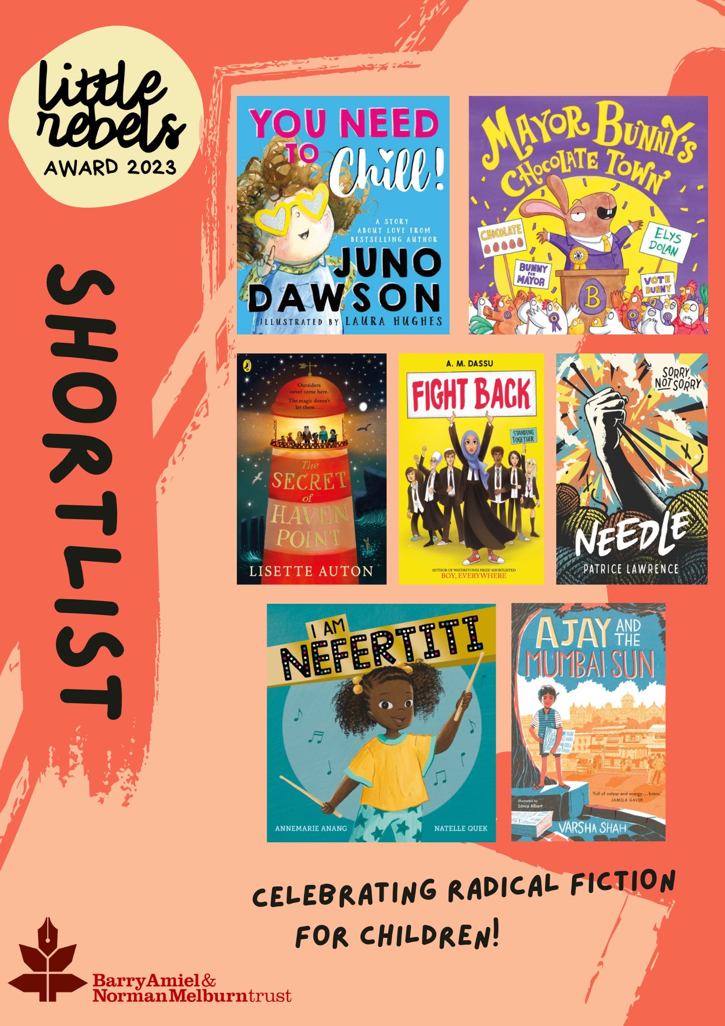 A poster with the covers of all 7 of the shortlisted books for Little Rebels 2023.