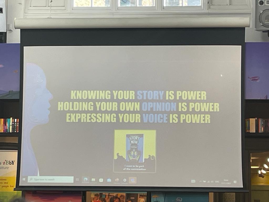 Picture of screen reading: 'Knowing your story is power. Holding your own opinion is power. Expressing your voice is power.'